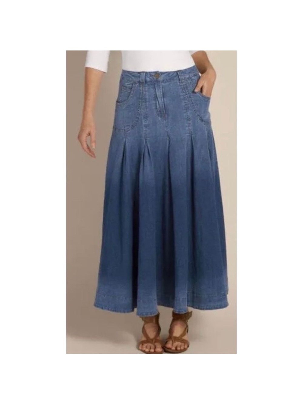 Soft Surroundings Pleated Stretch Denim Midi Skirt Boho Western Cottage Small - Picture 8 of 8